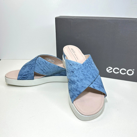 Ecco Touch Plateau Slide Leather Slip On Sandals Blue Women EU41/10-10.5 NWB - Picture 1 of 9